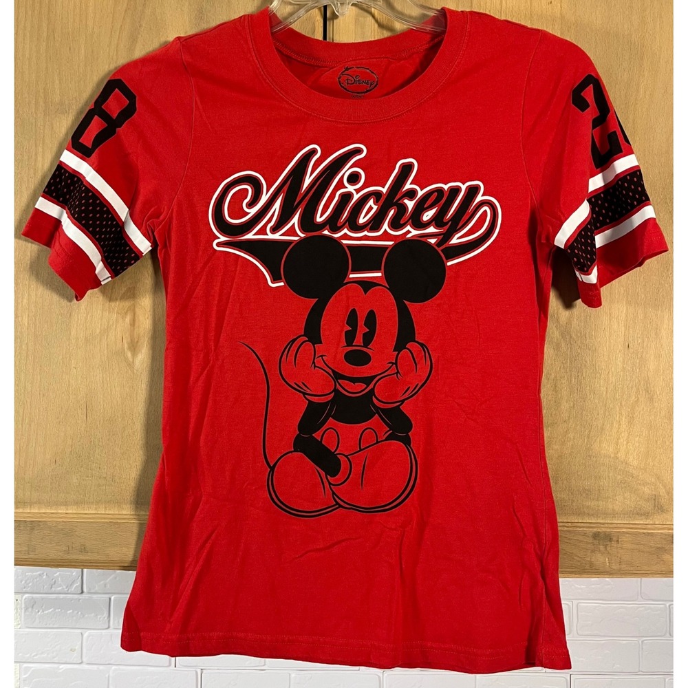 Disney Mickey Mouse T-Shirt Juniors L 11/13 Red Varsity Graphic Tee GT26APR-13J